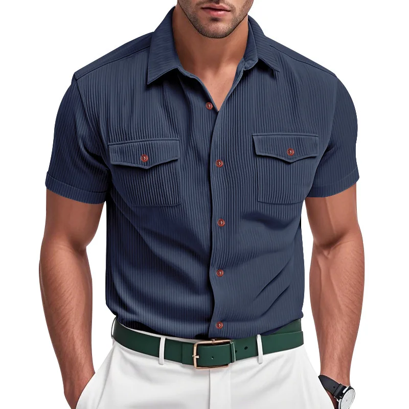 2026 Spring/Summer Men's Casual Outdoor Loose Heavy Lapel Corduroy Tooling Short Sleeve Shirt