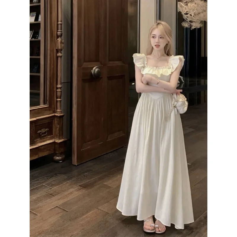 Sweet Gentle Square Neck Dress Summer New Temperament Waist-sharp Mid-length Dress