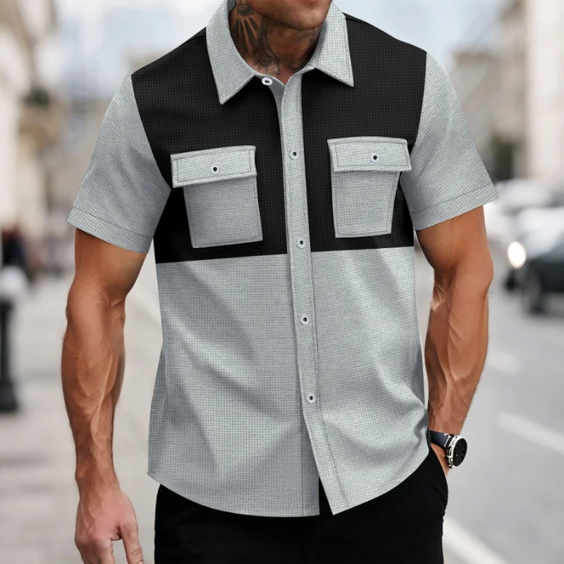 

New Summer Men's Lapel Quad-breasted Double Pocket Color-blocking Casual Short-sleeved Shirt