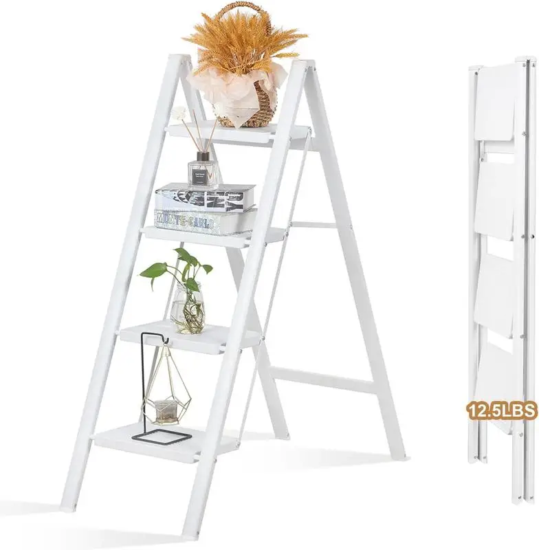 Lightweight four step ladder designed specifically for women, foldable for home use, kitchen plant rack, capacity 330 pounds