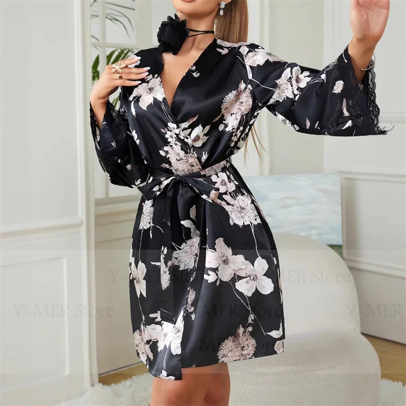 Женский халат из ледяного шелка с кружевной отделкой, атласное кимоно с цветочным принтом, короткая одежда для сна, ночная рубашка, лето-осень, повседневное нижнее белье, пижамы