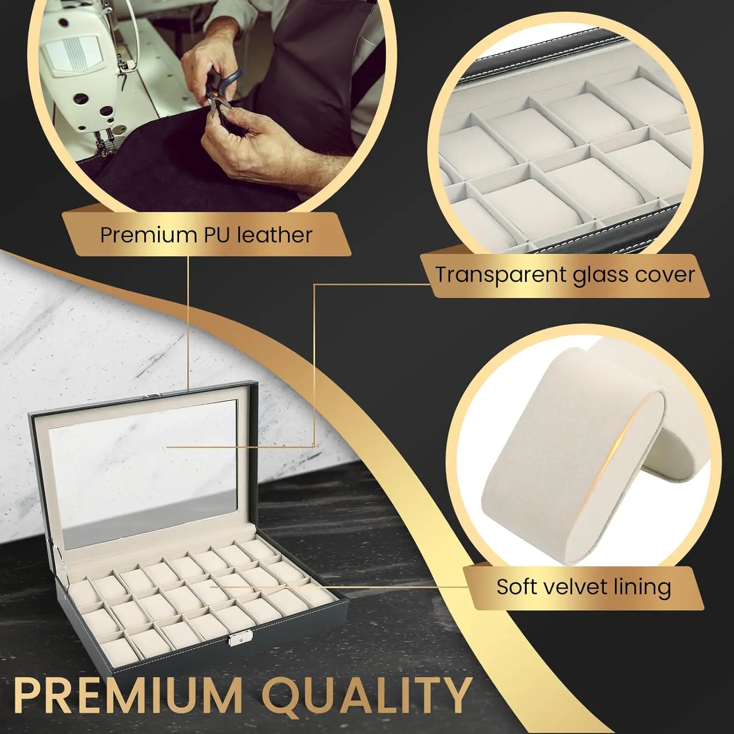 Watch Box 24 Slot Elegant Portable Black Watch Collection Box Case jewelry Men & Women