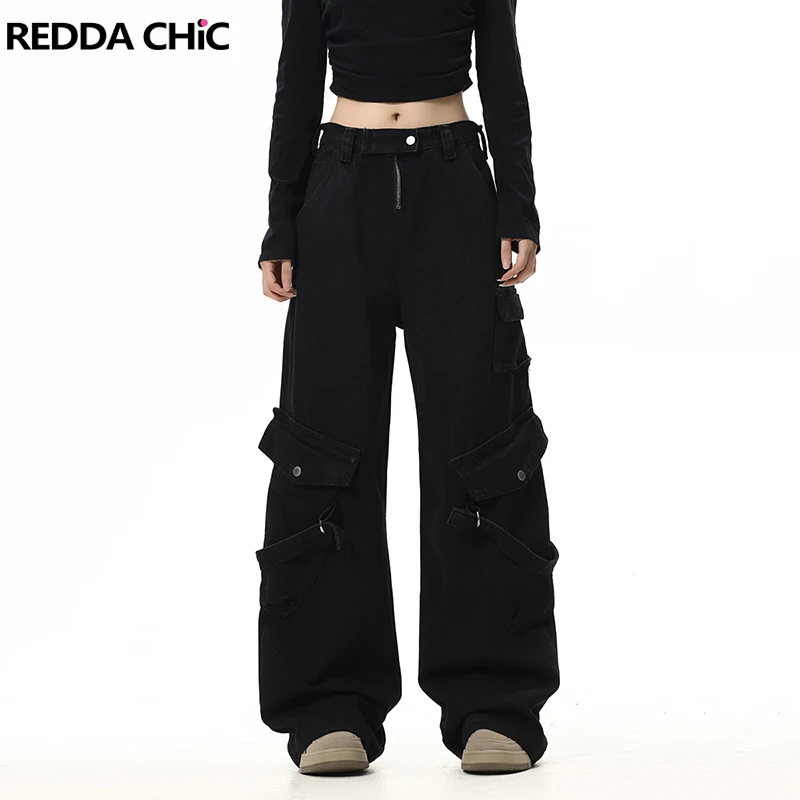 

REDDACHiC Belted Pockets Cargo Pants Women Y2k Black Hiphop Trousers High Waist Baggy Jeans Casual Work Wear Plus Size Clothes