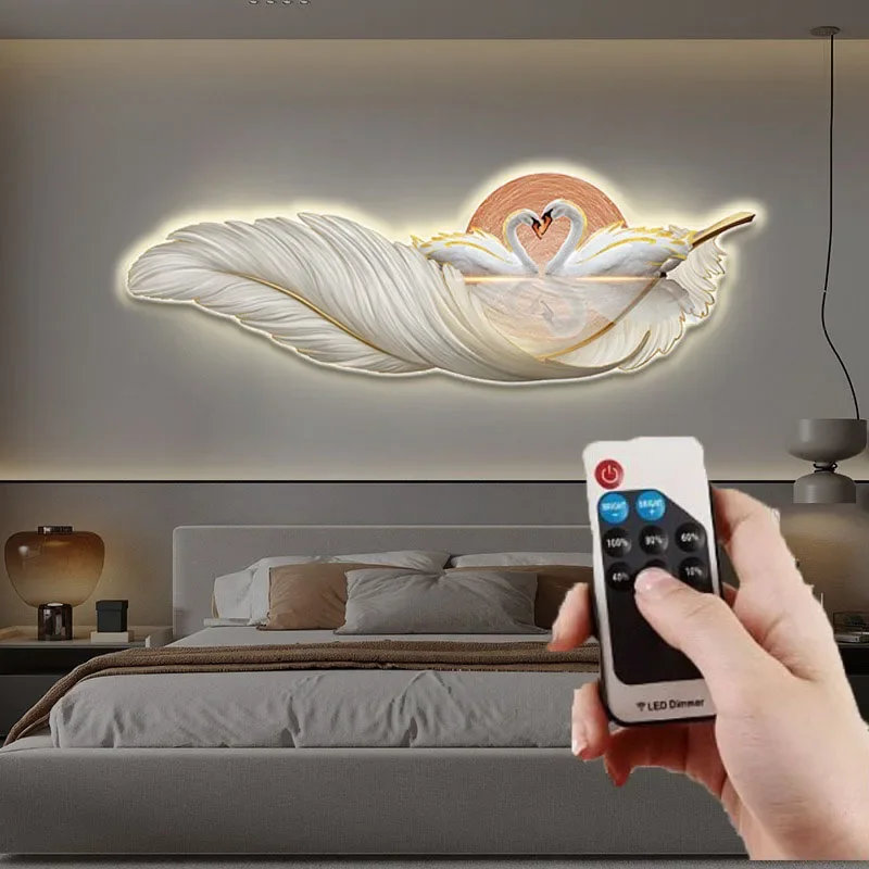 Luxury LED Wall Decoration Lamp Paintings 3D Feather Swan Interior Modern Wall Accents Room Decor Aesthetic Office Accessories