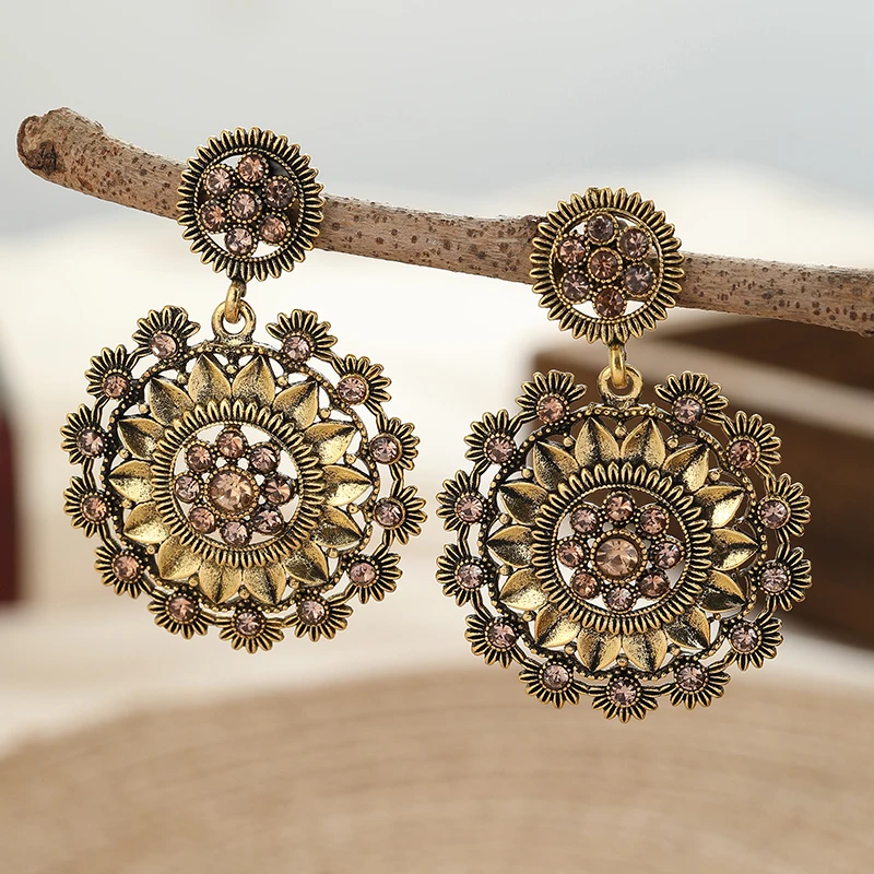 Mysterious Gold Plated Sunflower Pendant Earrings For Women Boho Vintage Ethnic Tribal Pattern Earrings Personality Jewelry