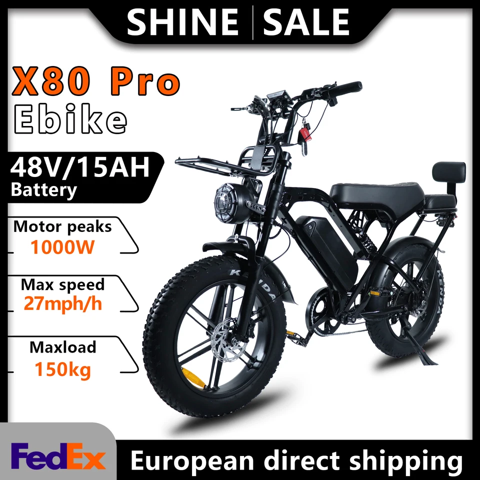 X80Pro Adult Electric Bike, Urban City E-Bike | 48V/15Ah Battery, 1000W Motor, 50-60KM Range | 20-inch Fat Tires, 7-Speed ​​Gear, Front and Rear Suspension, Hydraulic Disc Brakes | Suitable for Mountain, Snow, and Beach Rides | All-Terrain Off-Road E-Bike