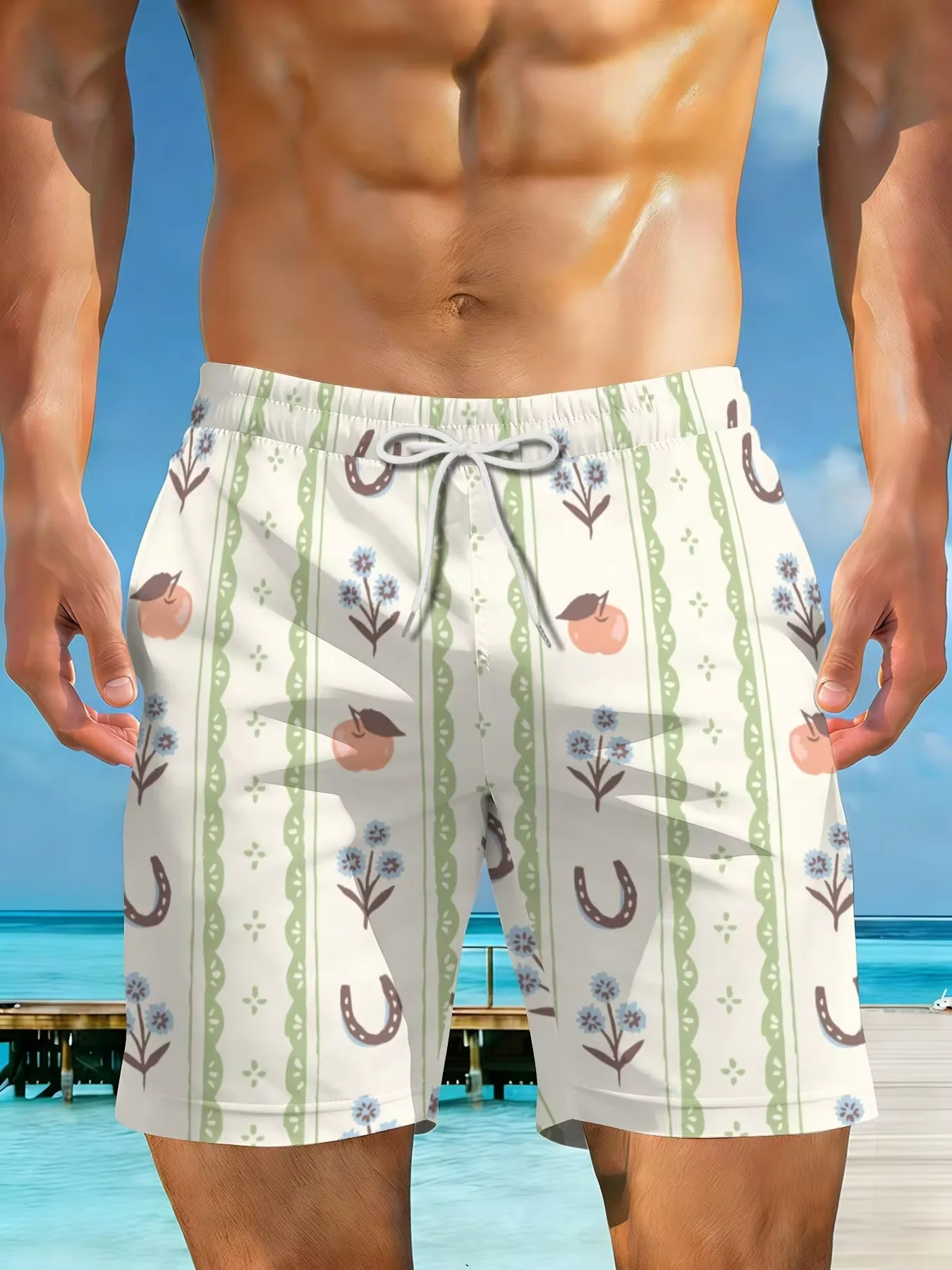 

2026 Summer New Styles Horseshoe Flower Peach Stripe Pattern Plus Size Men's Fashion Casual Beach Shorts Suitable For Summer Outings And Beach Vacations Surfing And Relaxing Activities