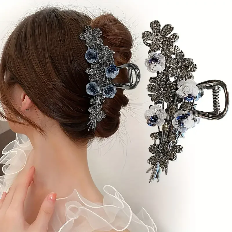 A classic rose shaped hairpin with crystal inlay, made of zinc alloy material, elegant black accessories, for women