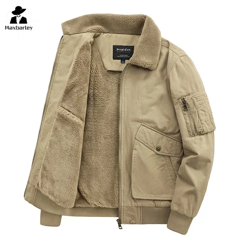 New Winter Jacket Men\'s Vintage Washed Cotton Thick Wool Warm Parka Men\'s Outdoor Work Camping Ski Windproof Wool Collar Coat