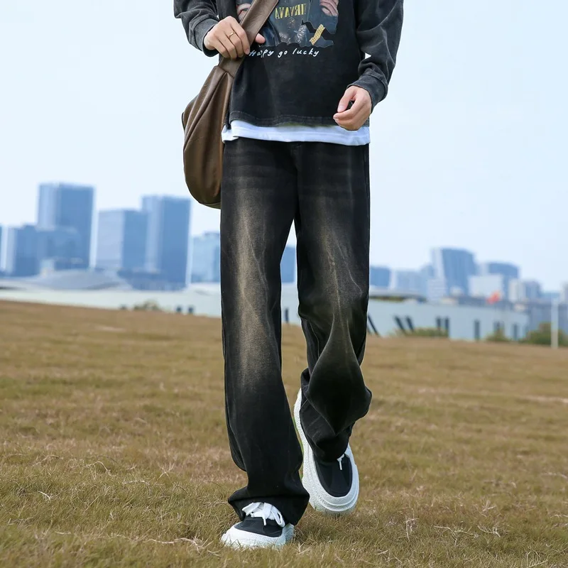

2026 Spring Autumn Korean-style Vintage High Street Denim Pants Japan Streetwear Men's Baggy Denim Wide-leg Pants Men Clothing