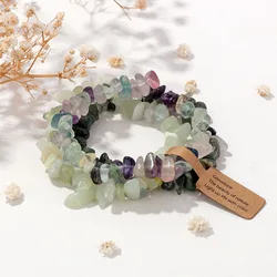 3PCS Natural Chip Stone Bracelet Set Irregular Fluorite Quartzs Stretch Bracelet With Tag Healing Jewelry Gifts For Women Men