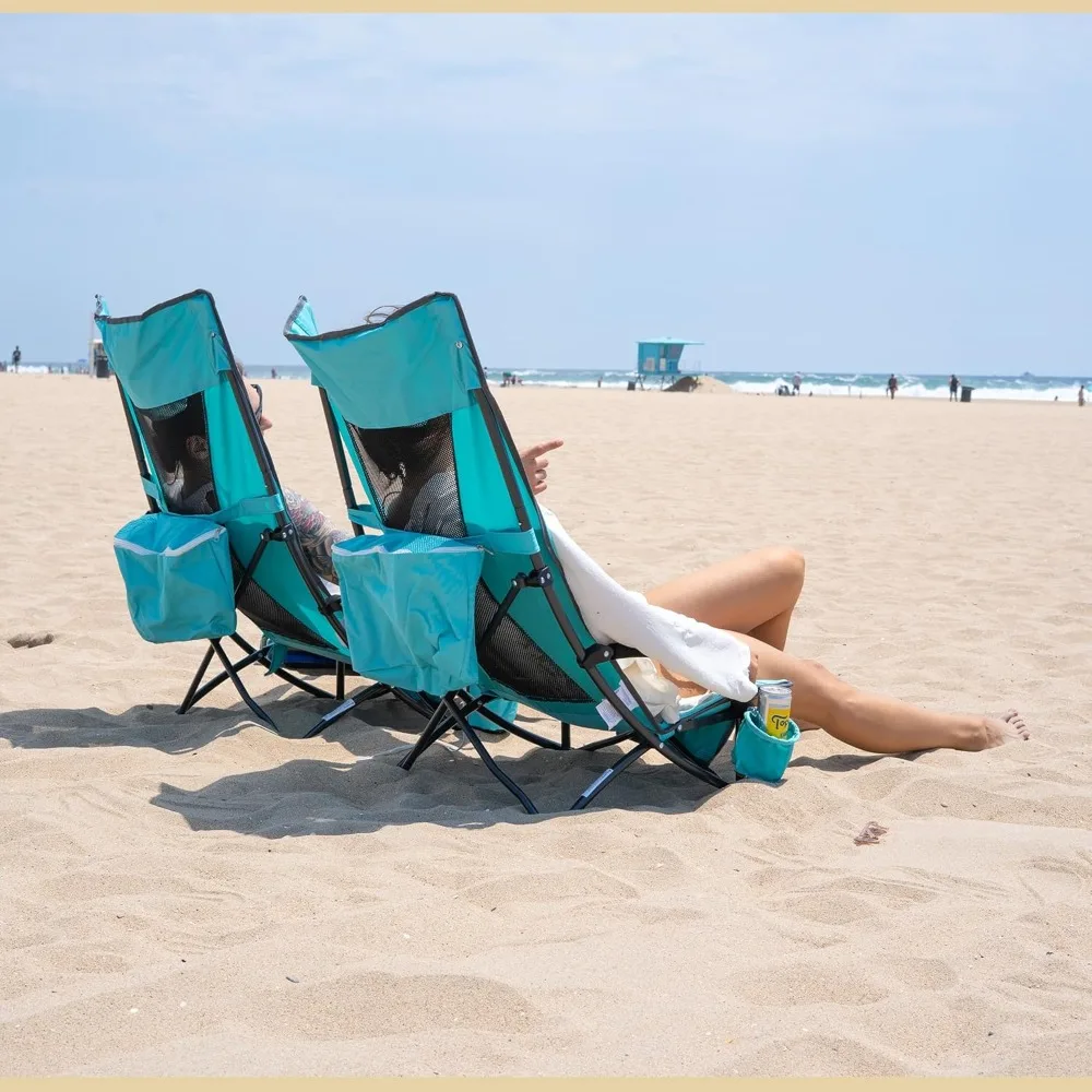 

2-Pack Low Seating + 20° Reclining Folding Beach Chair w/Padded Headrest, Foam Armrest, Cup Holder, Carry Bag