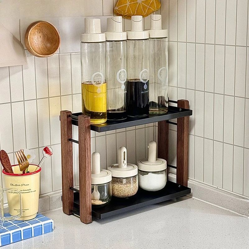 Wooden kitchen shelf,Floor Type double countertop seasoning bottle seasoning can storage shelf Multifunctional seasoning rack
