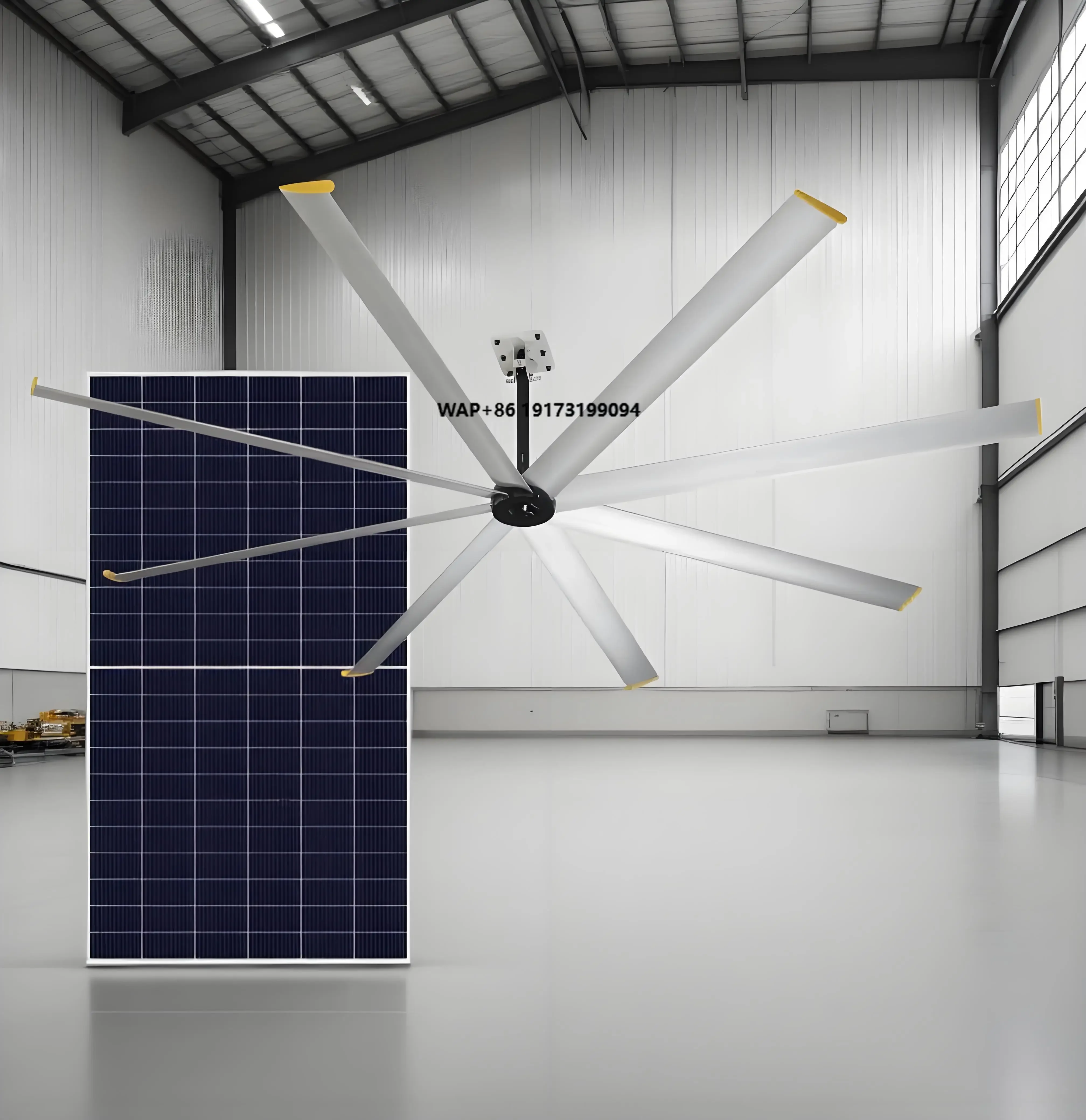 Solar Powered HVLS Ceiling Fan 10ft 3m with 555W Panel & IP68 BLDC Motor, IoT Control