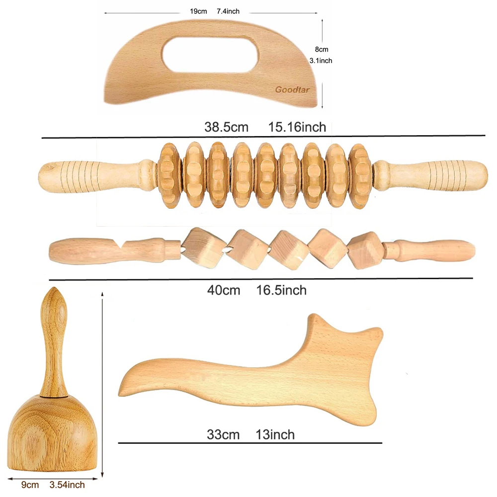 Palo Guasha de masaje de madera, masajeador con rodillo de madera, herramienta de Terapia de madera, Kit de Maderoterapia para alivio del dolor