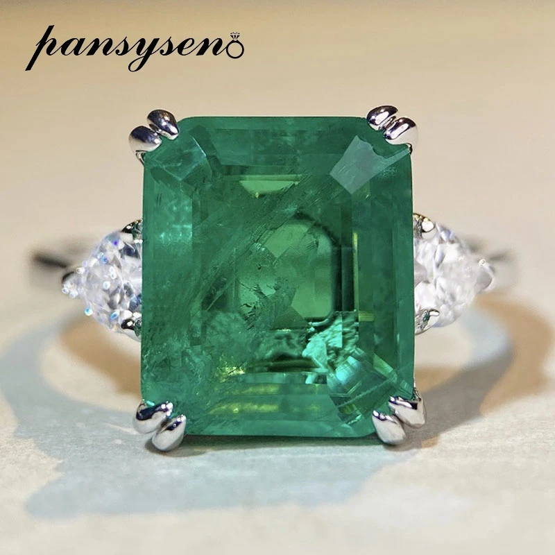 

PANSYSEN Vintage 100% 925 Sterling Silver 9CT 10x12MM Emerald High Carobn Diamond Ring 18k White Gold Plated Party Jewelry Gift