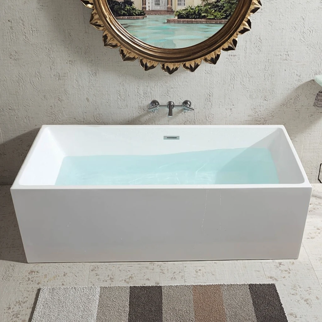 

SICO Modern White Acrylic Freestanding Rectangular Shape Bathtub Armrest Durable Soaking Drainer 2-Person Capacity Combo Massage