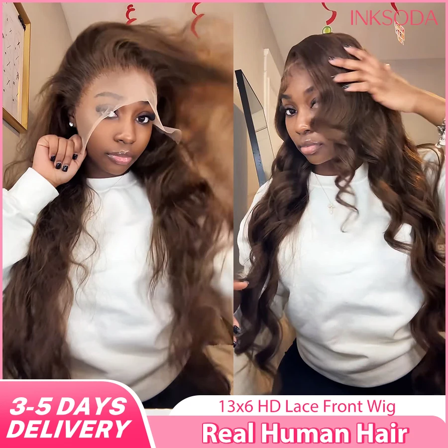 180-220% Density Chocolate Brown Brazilian Human Hair Wig 13x6 HD Transparency Lace Frontal Body Wave Pre Plucked Natural Look