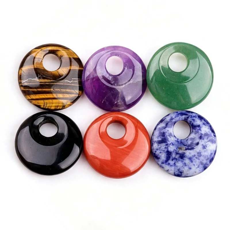 Natural Stone 30MM Donut Gemstone Charms for Making Jewelry 8MM Hole Polishing Crystal Round Lucky Coin Protection Healing
