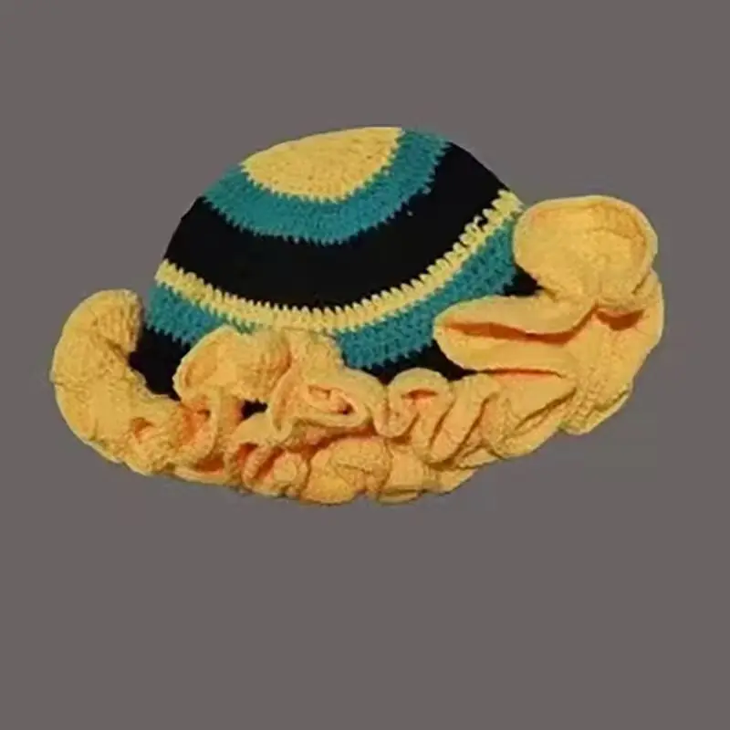 Chapéu balde de aba larga de cor sólida unissex brincalhão elegante chapéu de malha de crochê com acabamento babados detalhe franzido chapéu pull-on