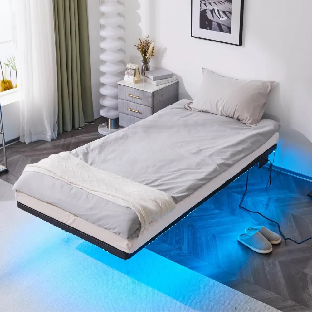 

Floating Bed Frame with USB Charging Station/LED Light, 14 Inch Platform Bed Frame, Twin Size, Heavy Duty Metal Bed