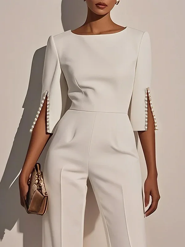

Tinaa 2026 Новый формальный стиль Комбинезоны с жемчужными рукавами Женский классический белый комбинезон с круглым вырезом и рукавами три четверти 182461