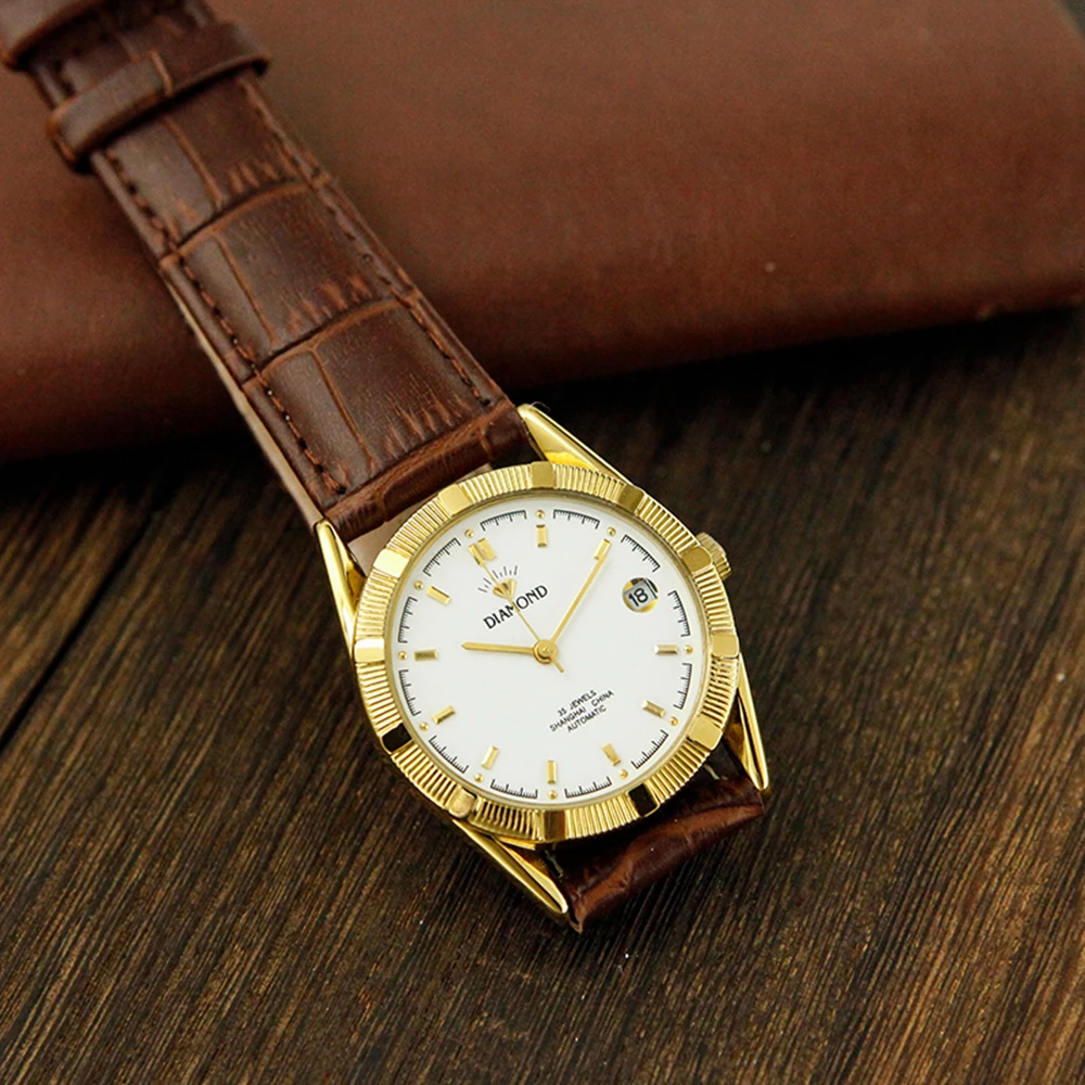 Shanghai Watch Men Vintage Automatic Mechanical Wristwatches Antique Diamond Brand 34mm Golden Watches Retro Self-wind Clocks