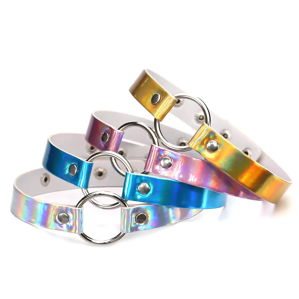 Gothic Neon Color Leather Collar Punk Silver Color Circle Laser Choker Necklace For Women Vintage Ladies Jewelry