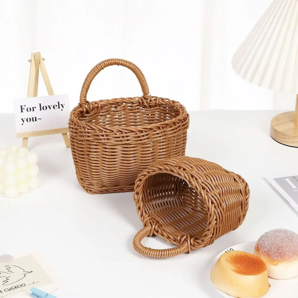 Imitation Rattan Kitchen Storage Basket with Handle Brown Hand-woven Hanging Baskets Home Decoration Sundries Organizer