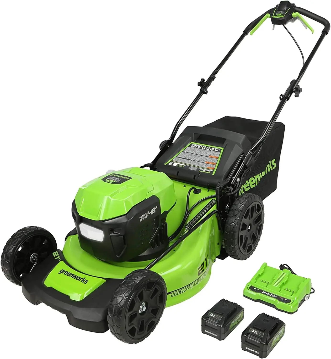 

Greenworks 48V (2 x 24V) 21" Brushless Cordless (Self-Propelled) Lawn Mower (LED Headlight), (2) 5.0Ah Batteries and Dual Port R