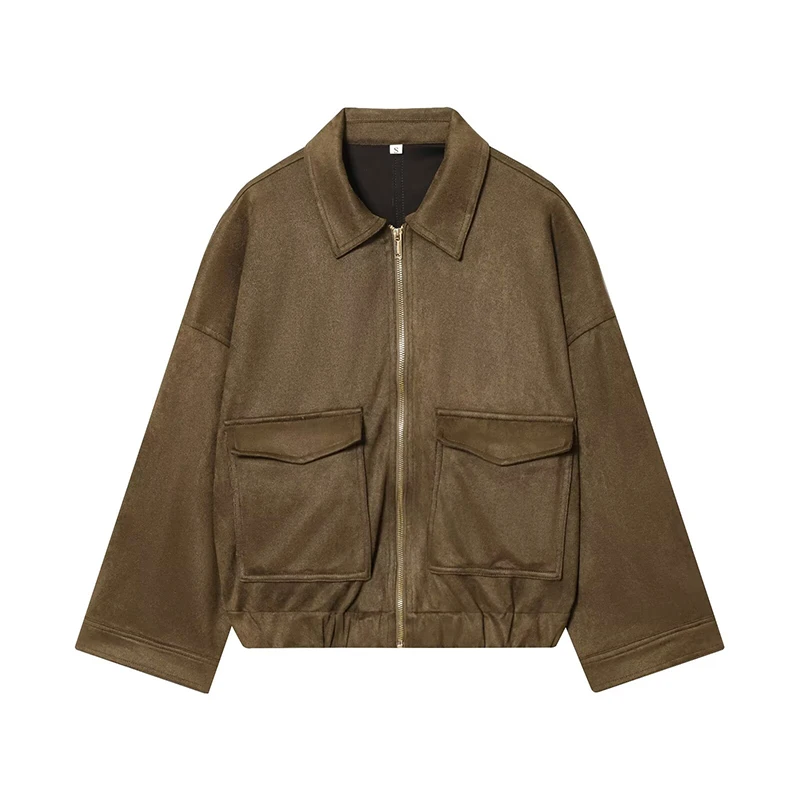 

Women's brown suede jacket with zip-front and flap pockets, autumn fashion casual style