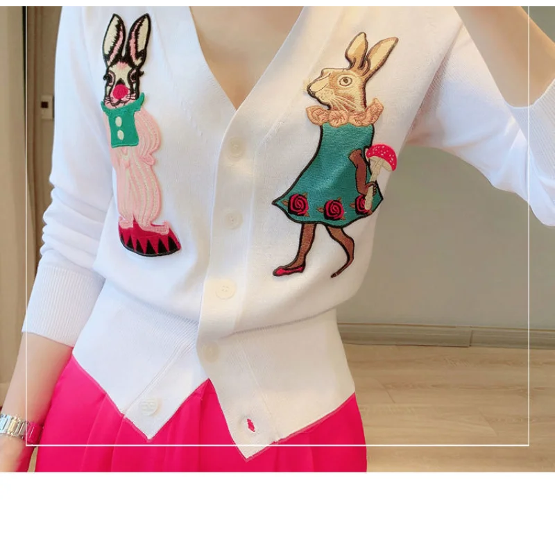 V-neck Knitted Cardigan Long-sleeved Cartoon Embroidered Patch Loose Jacket Top