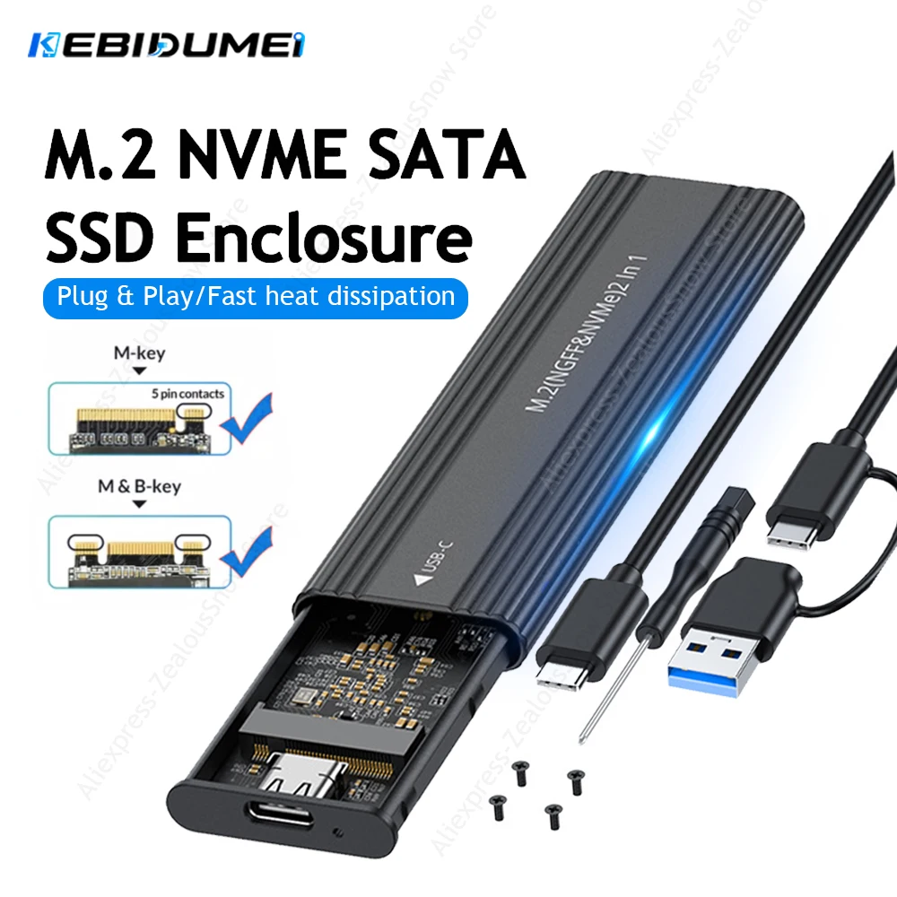 KEBIDUMEI M2 SSD Enclosure NVMe NGFF 10Gbps PCIe M.2 SSD Case Portable USB C 3.2 Gen2 External Adapter Aluminum Hard Disk Box