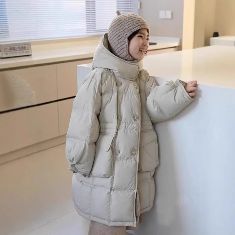 Winter Children Girl Jacket Cotton Padded Solid Thicken Warm Baby Girl Outerwear Loose Large Pocket Hooded Little Girl Long Coat