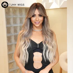 Long Body Wavy Ash Ombre Blonde Wig for Women Daily Party Synthetic Loose Curly Brown Hair Wigs with Curtain Bangs High Density