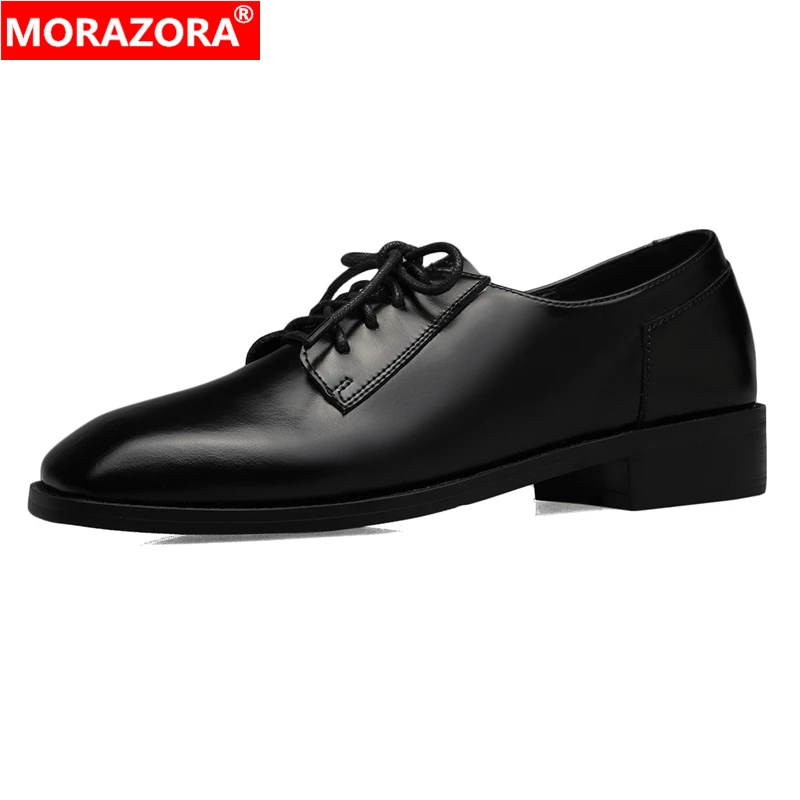 

MORAZORA 2024 New Genuine Leather Shoes Women Oxfords Lace Up Square Low Heels Office Dress Shoes Black Ladies Shoes