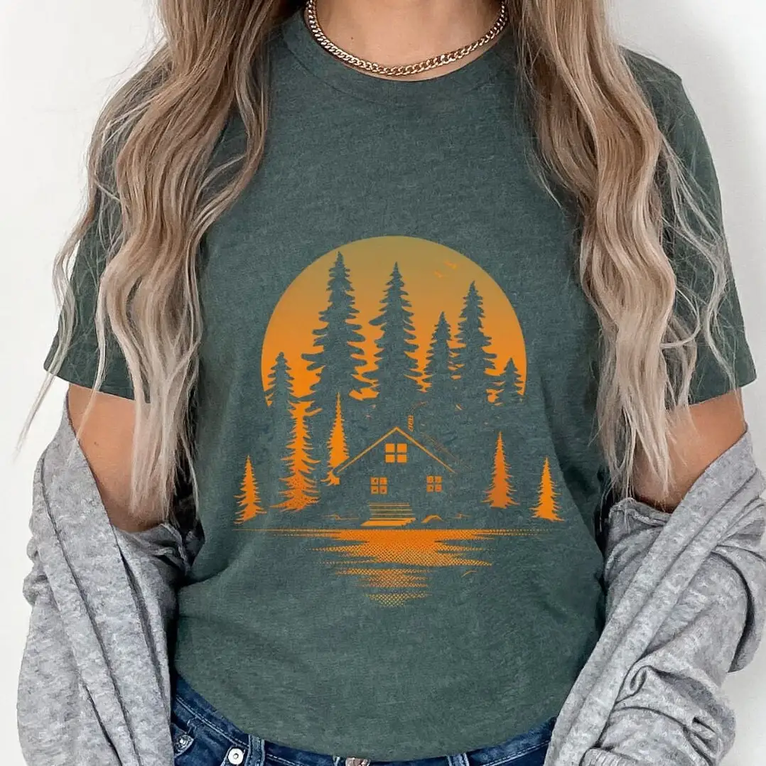 Cabin Mountain T Shirt Forest Log Vintage Nature Off Grid Mountains