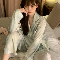 Light Luxury Korean Women's Autumn Pajamas Thin Long Sleeved Ice Silk Pajama Set