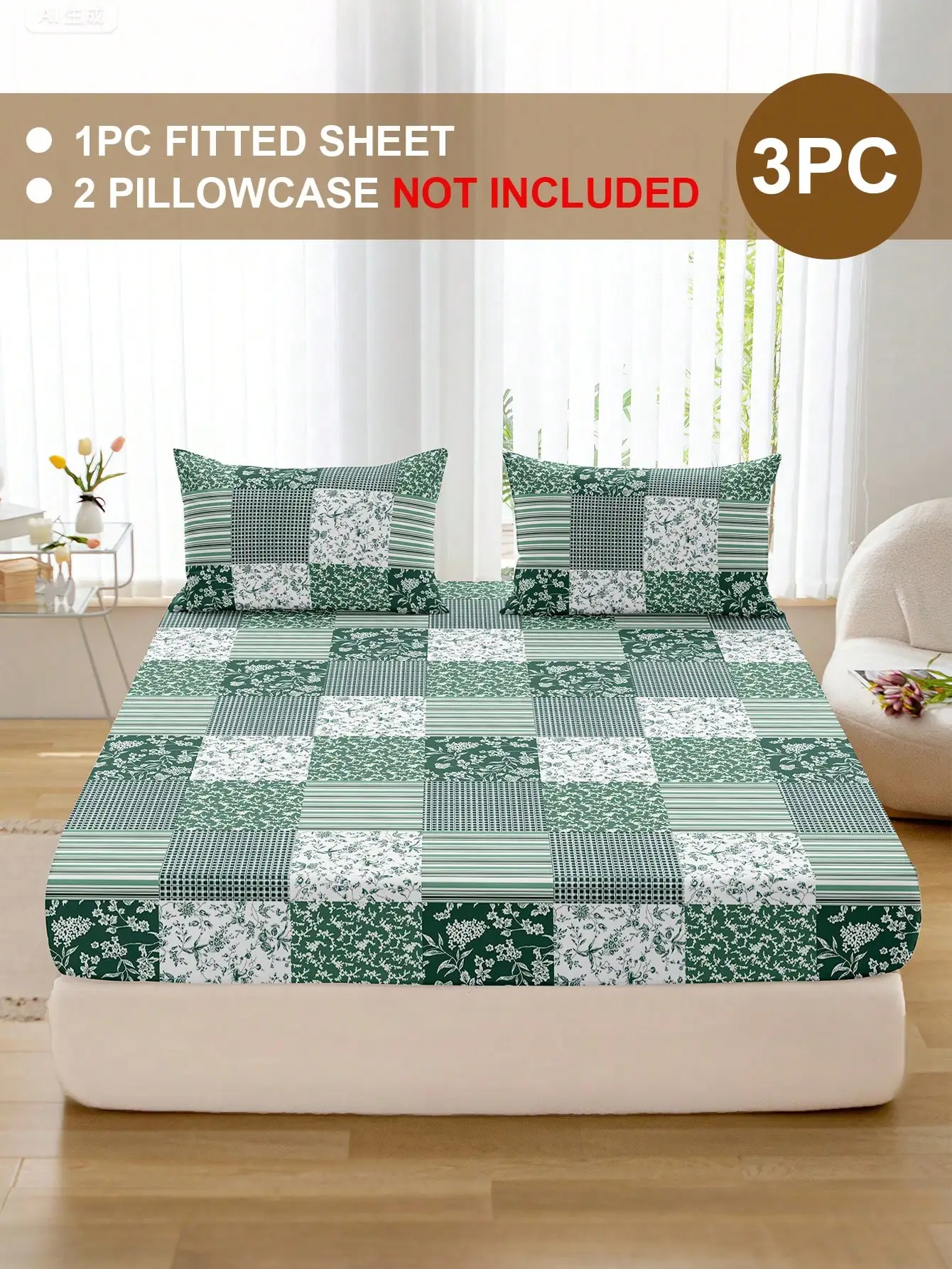 3PCS Floral Fitted Sheet Set Green And White Color Modern Check Pattern Flat Sheet With 2Pillowcases Deep Pocket Room Decoration