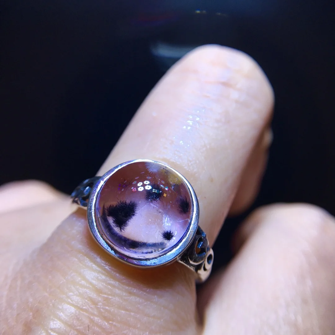 Natural Purple Amethyst Rutilated Quartz Adjustable Ring Woman Men 11.6/11.1mm Oval Bead 925 Silver Wealthy Stone AAAAA