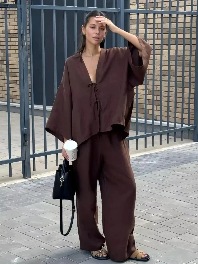 

Fashion Brown Loose Pants Set For Women Casual V Neck Long Batwing Sleeves Lace Up Shirt Suit 2025 Summer Ladies High Streetwear