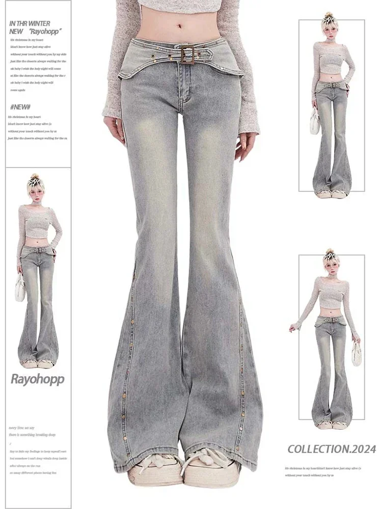 Y2k Korean Gyaru Kpop Low Rise Flare Jean Women Korean Low Rise Denim Pants Blue 2000s Aesthetic Grunge Tide Vintage Harajuku