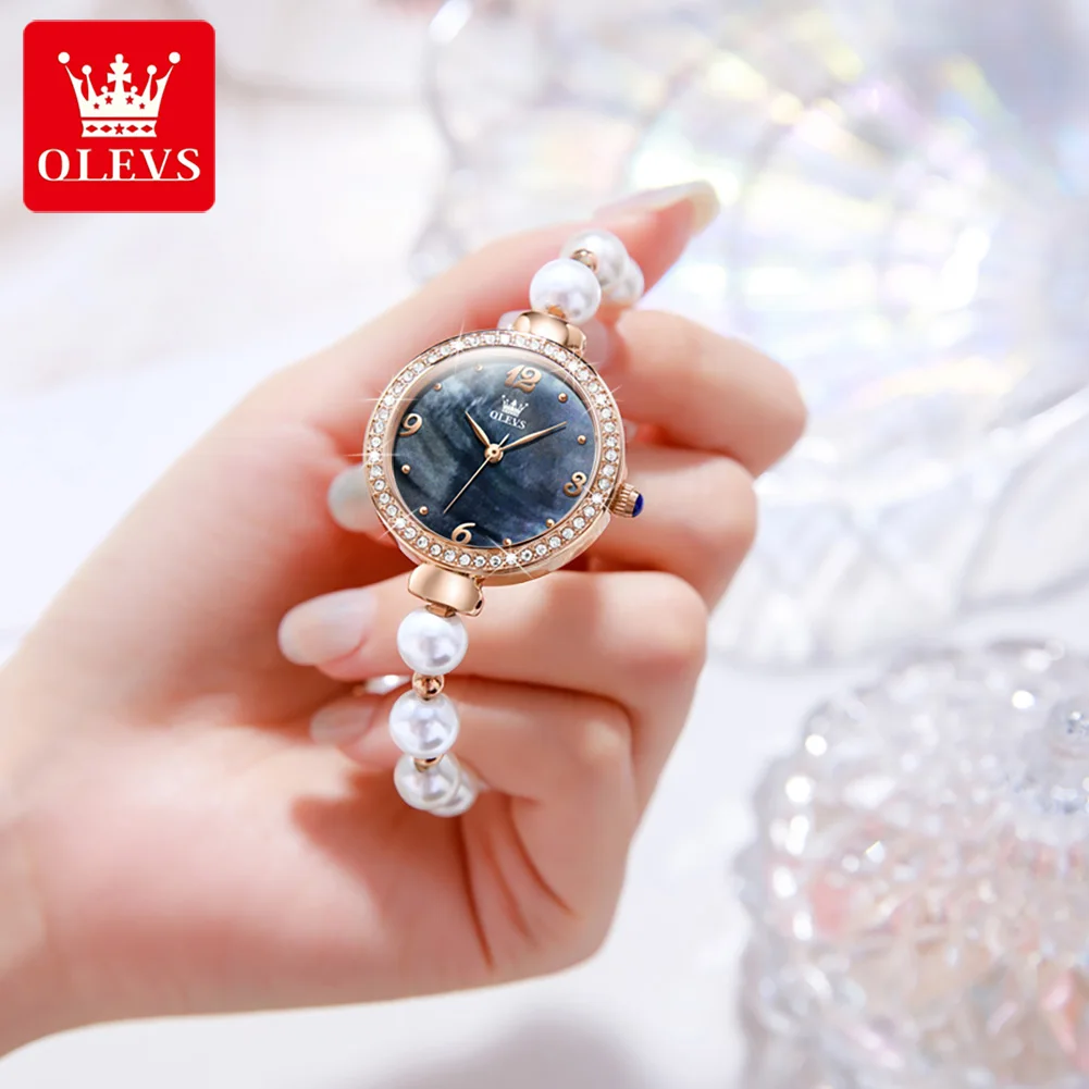 OLEVS Original Luxury Pearl Bracelet Chain Quartz Wrist Watch for Women Top Brand Ladies Waterproof Watches Gift Sets for Girls