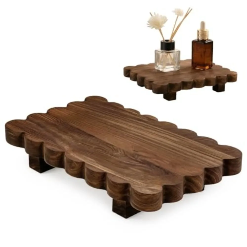 Vintage Solid Wooden Plant Stand Scalloped Edge Decorative Wooden Storage Tray Wooden Decorative Pedestal Kitchen Display