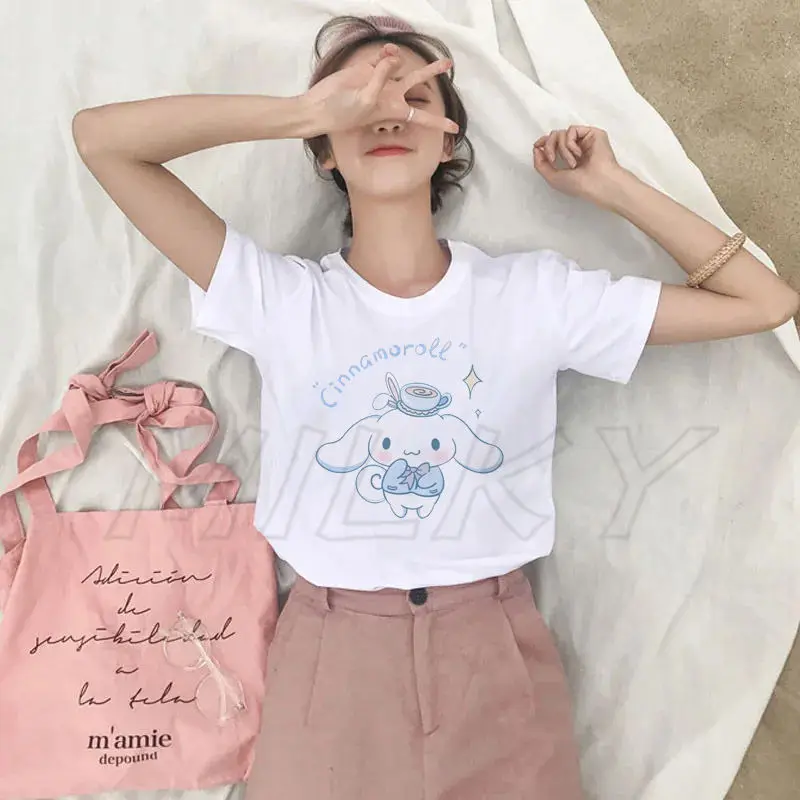 Funny Cinnamoroll Pattern T-Shirt For Women Cute Printed T Shirts Summer Fashion Tees Short Sleeves O-Neck Tops Streetwear