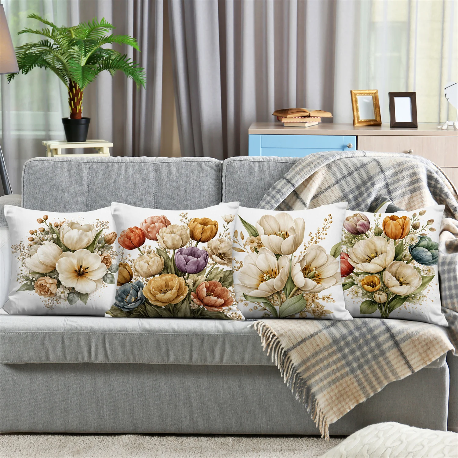 Vintage Floral Bouquet Pillow Covers, Muted Tulip & Peony Art Decorative Throw Pillow Cases, Elegant Farmhouse Home Decor