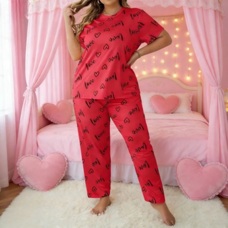 

Increase The Fattening Love Round Neck Short Sleeve Trousers Women's Pajamas Set Large Size Loungewear