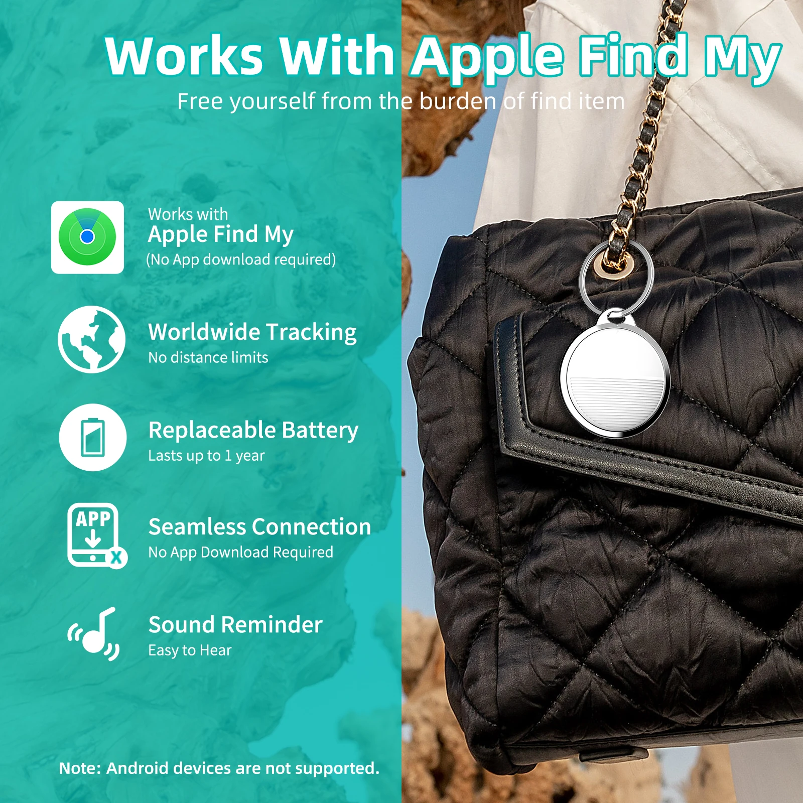 GPS Tracker Bluetooth Tracker Works with Apple Find My (iOS only) Keys Item Bags Finder Locator Global Coverage, Water-Resistant