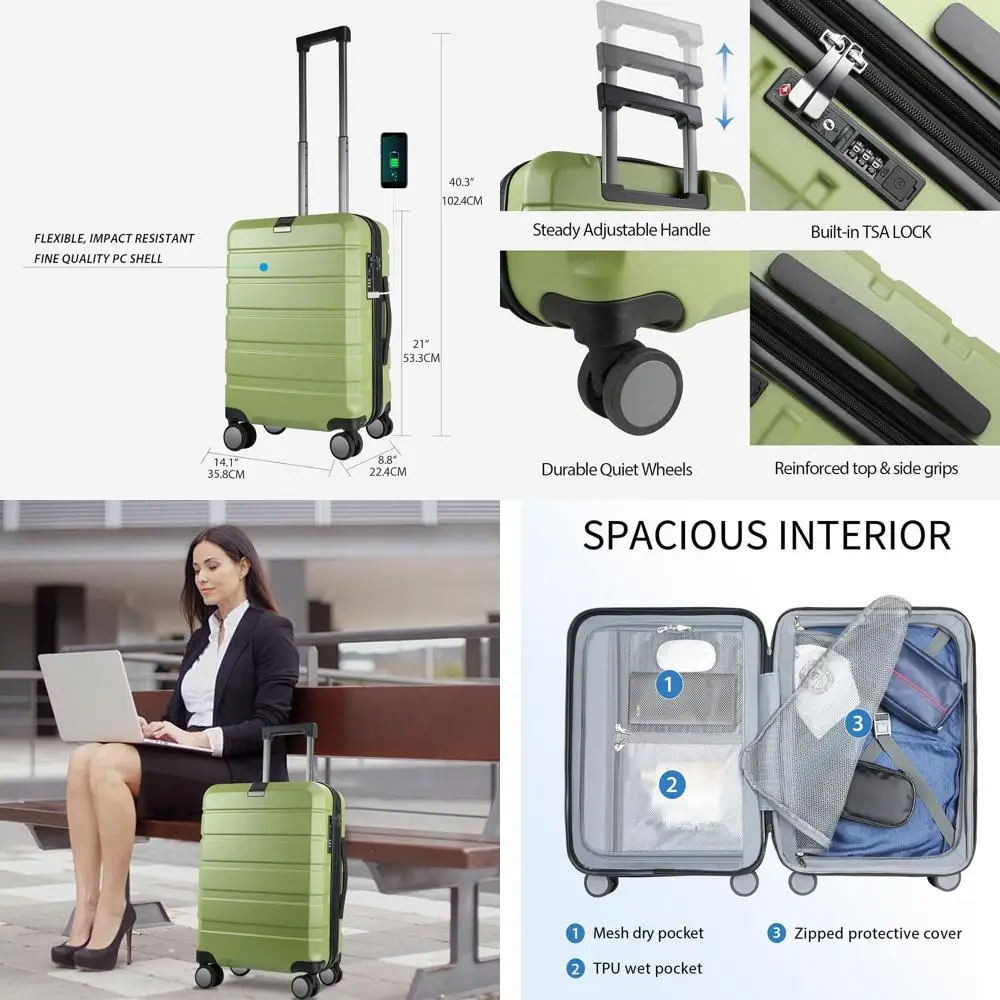 

Расширяемый чемодан с жестким спиннером и замком TSA, USB-портом, 20-дюймовый зеленый дорожный чемодан