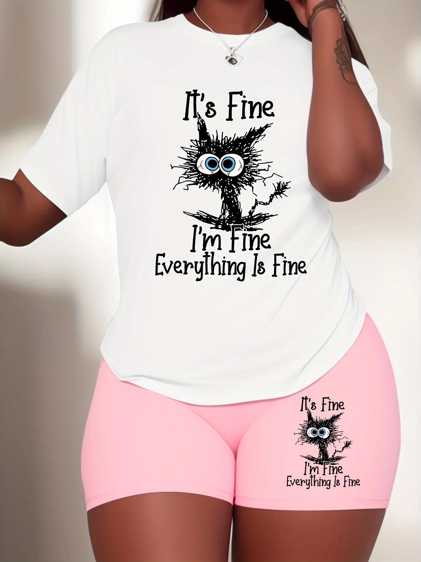 Plus size Two-Piece Casual Sport Outfit Set for Women - White Short Sleeve T-Shirt with Humorous Everything Is Fine Cat Print